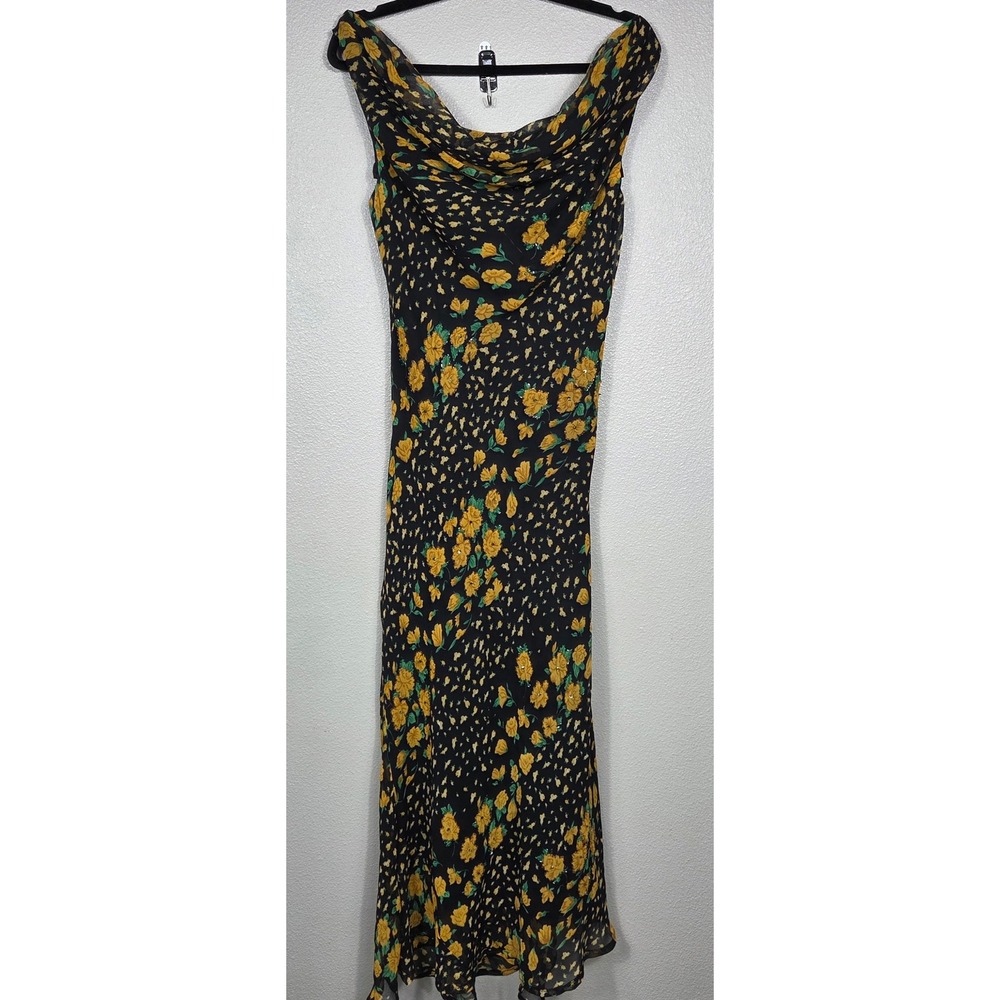 Mlle Gabrielle Vintage Bias Cut Cowl Neck Beaded Floral Maxi Dress US 8
